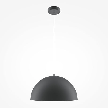The Basic Colors Dome Pendant Light in black epitomizes minimalist lighting, hanging from the ceiling by a slender cord. This fixture exudes simplicity and modernity against a plain white background.