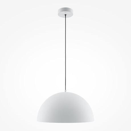 The Basic Colors Dome Pendant Light - White features a sleek white dome gracefully suspended from a black cord and white ceiling mount, set against a plain white backdrop.