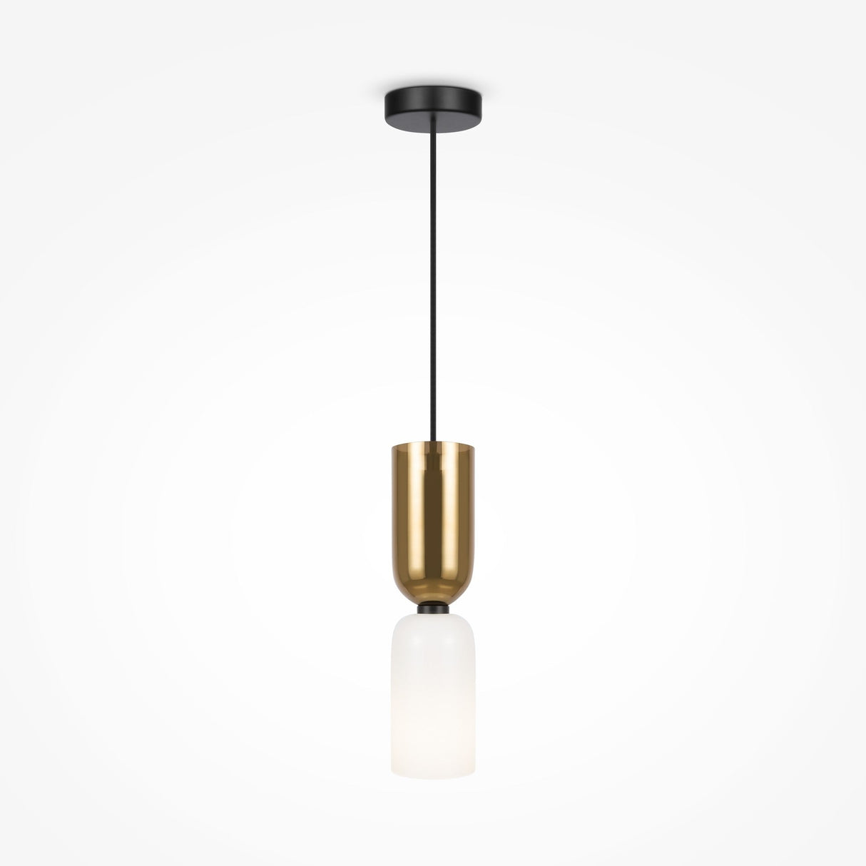 The luxurious Memory Hourglass Pendant Light - Black With Gold & White Glass features adjustable height, a black ceiling mount and cord, and an elegant design with a gold cylindrical upper section paired with a frosted white glass lower section.