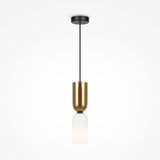 The luxurious Memory Hourglass Pendant Light - Black With Gold & White Glass features adjustable height, a black ceiling mount and cord, and an elegant design with a gold cylindrical upper section paired with a frosted white glass lower section.