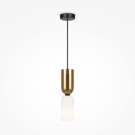 The luxurious Memory Hourglass Pendant Light - Black With Gold & White Glass features adjustable height, a black ceiling mount and cord, and an elegant design with a gold cylindrical upper section paired with a frosted white glass lower section.