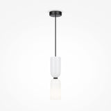The Memory Hourglass Pendant Light - Black With White Glass features a sleek black cord and two white cylindrical glass shades stacked vertically, offering minimalist design. It suspends from a round black ceiling mount, and its adjustable height ensures versatile elegance for any space.