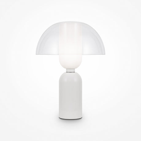 Introducing the Memory Table Lamp - White: a modern piece with a white cylindrical base, opal glass diffuser, and clear dome-shaped glass shade. Its sleek design emits soft ambient lighting, ideal for creating a calming atmosphere.