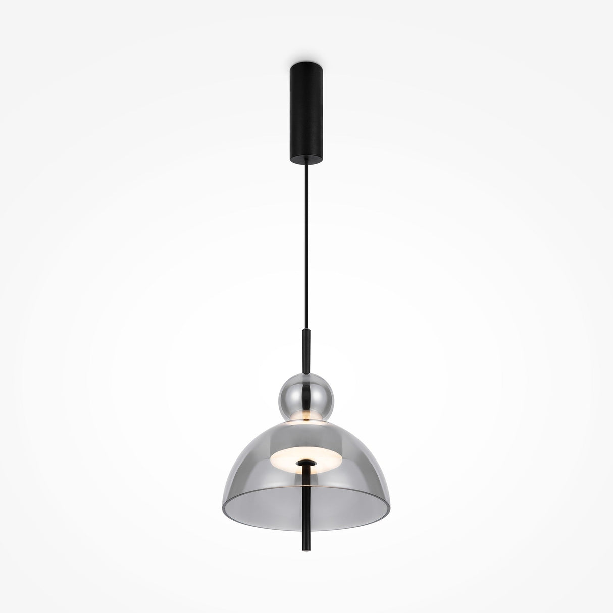 The Bangkok LED Pendant Light 25cm - Black with Round Smoky Glass Shade offers modern elegance with its smoky shade, black rod, and cylindrical ceiling mount. The central bulb emits a soft glow, enhancing its minimalist design.