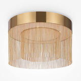 The Imaginary LED Large Ceiling Light - Gold features cascading metal chains in a luxurious layered design. Its gold-finished circular structure with a reflective outer ring radiates sophistication, beautifully dazzling against a plain white background.
