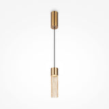 The Imaginary Chain Pendant Light - Gold features a modern cylindrical fixture with cascading fringe details, energy-efficient LED bulbs, and hangs from a black cord against a white background, offering an elegant focal point.