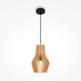 The Roots Pendant Light 20cm, part of the Modern Nature collection, features a black ceiling mount and rod with a beige wooden cone dome shade. Its slatted design allows the bulb to peek through, crafting a warm and contemporary ambiance.