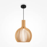 Part of the Modern Nature collection, the Roots Pendant Light 35cm pairs a black ceiling mount with a beige wooden globe dome shade. Its spherical design, featuring curved wooden slats, provides a modern flair while allowing the bulb to peek through for an elegant effect.