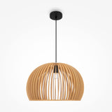 The Roots Pendant Light 45cm showcases a sleek design with a black cord and ceiling mount, featuring a beige wooden half-dome shade made of spaced natural wood slats, revealing an exposed bulb at the center.