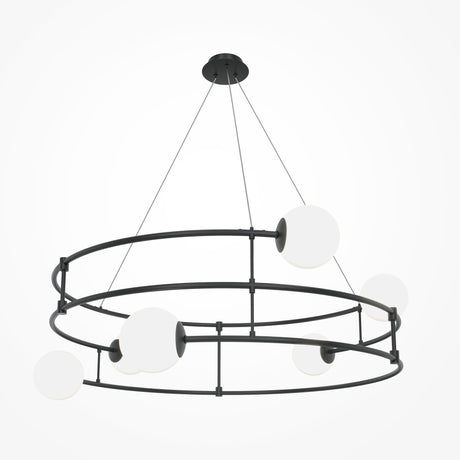 The Balance 6 Light Suspension in black, with opal globes, features a modern chandelier design. Its black metal frame forms two concentric circles with six opal glass globes elegantly balanced around them. Suspended by thin wires, it adds sophistication to any rooms décor.