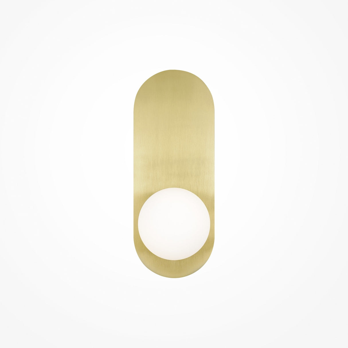 The Bao Wall Light - Gold showcases a minimalist design with a gold sconce, oval brass backplate, and white spherical light fixture against a white backdrop, epitomizing luxury lighting.