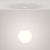 The Erda Outdoor Pendant Light - White features a modern, minimalist design with a glowing white spherical shade suspended by a thin white cord, offering a durable lighting solution.