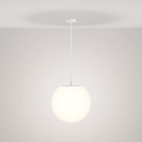 The Erda Outdoor Pendant Light - White features a modern, minimalist design with a glowing white spherical shade suspended by a thin white cord, offering a durable lighting solution.