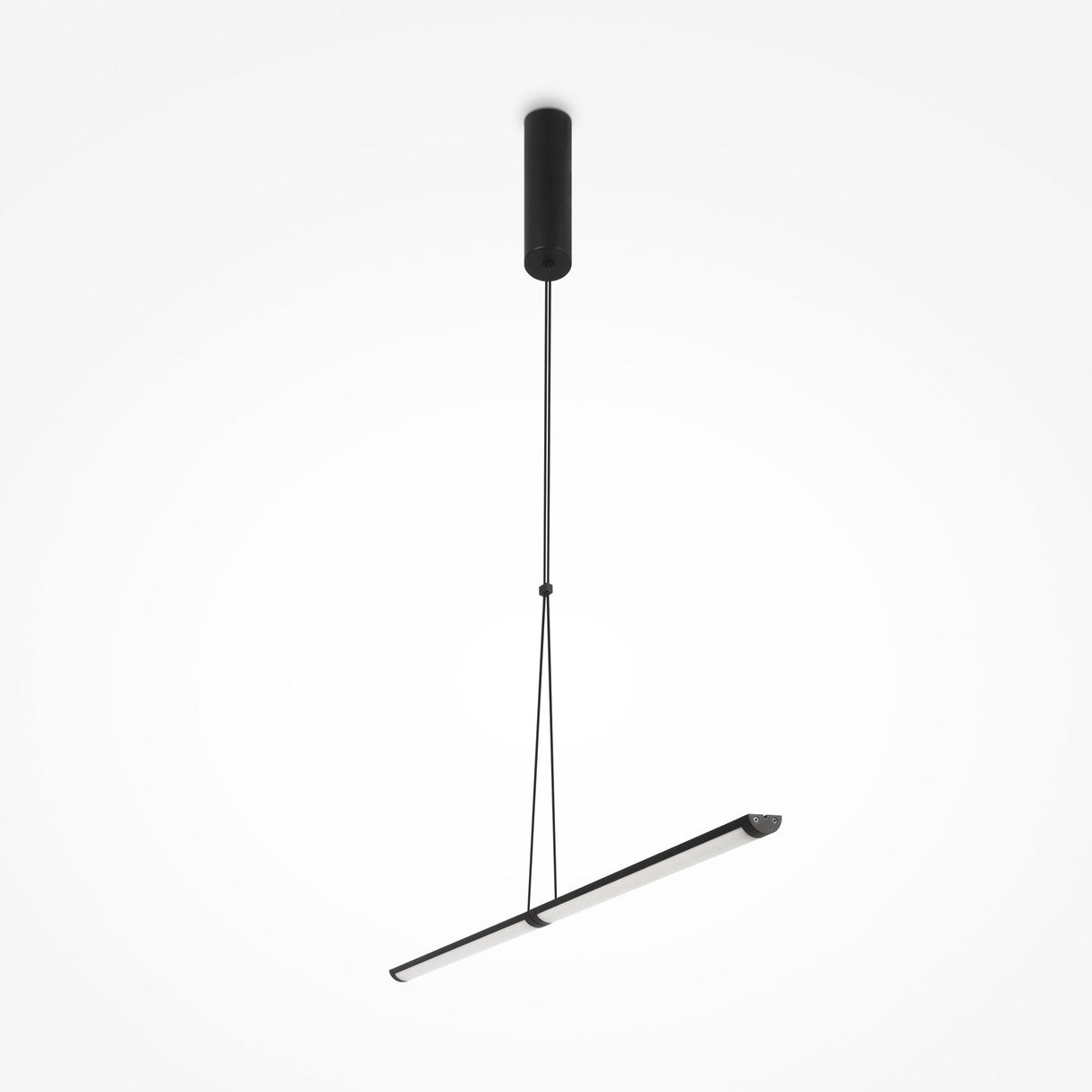 The Supersymmetry LED Pendant Light 17W 4000K - Black features a sleek matte black rod suspending a horizontal cylindrical light fixture, offering modern aesthetics. Its minimalistic design stands out against a plain white background.