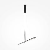 The Supersymmetry LED Pendant Light 17W 4000K - Black features a sleek matte black rod suspending a horizontal cylindrical light fixture, offering modern aesthetics. Its minimalistic design stands out against a plain white background.