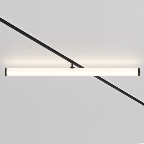 The Larc LED Rotating Linear Track Light, designed for Magnetic Exility and featuring a sleek black frame, delivers energy-efficient 25W 4000K illumination. Its contemporary aesthetic is defined by a minimalistic light grey backdrop accented with a black diagonal line.