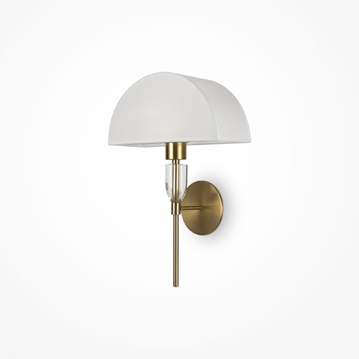 The Prima Wall Light features a minimalist design with a modern brass finish, half-dome white lampshade, and sleek lines. It includes a circular base and a clear section linking the shade to the stem, ideal for ambient lighting.