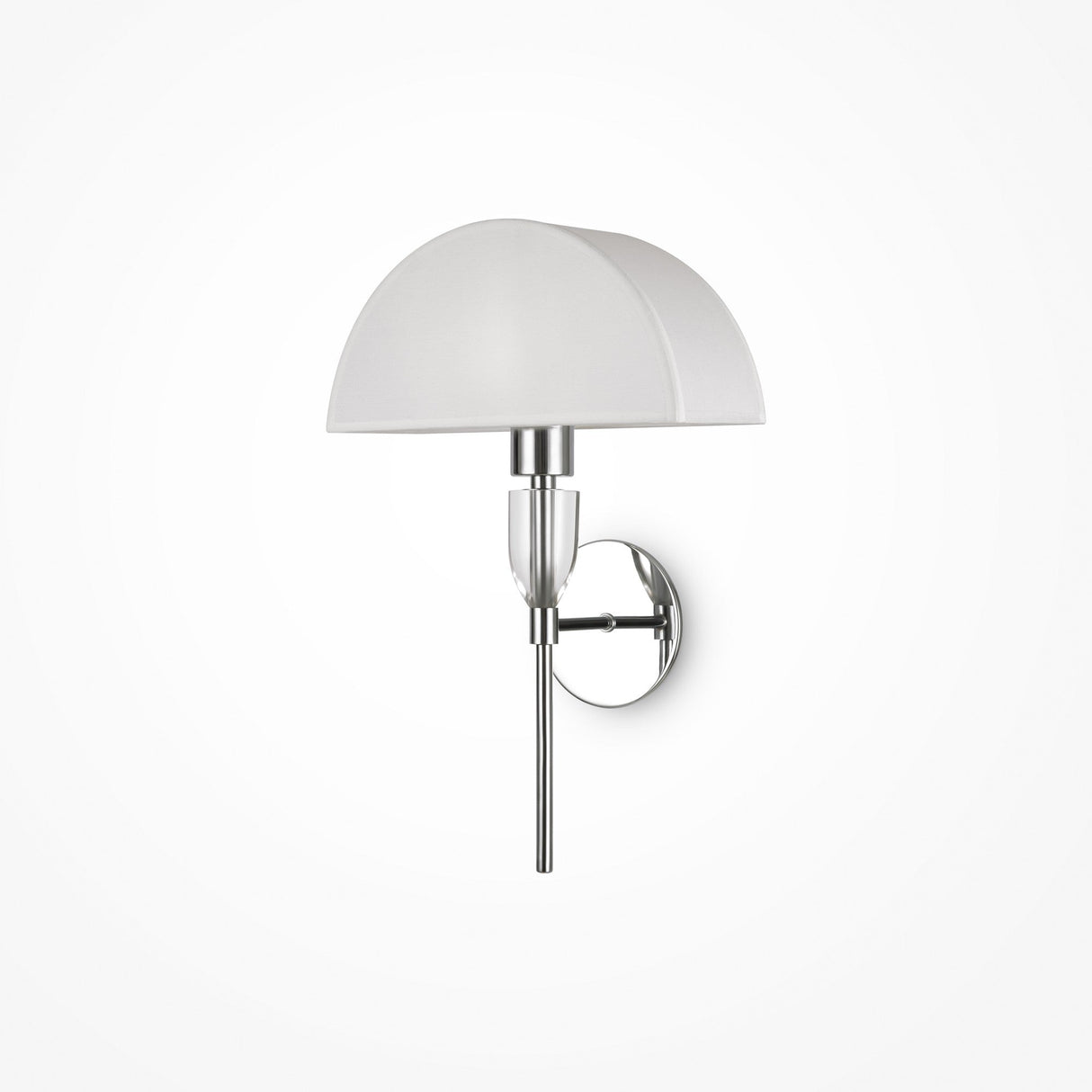 The Prima Wall Light in chrome has a modern Bauhaus-inspired design with a sleek metal frame and half-dome frosted glass shade, mounted on a round backplate. Its simple elegance adds contemporary flair to any space.