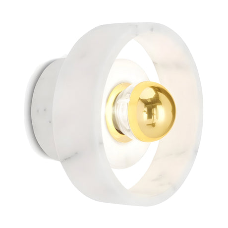 The Marble Wall Light - White & Gold features a circular solid marble frame in white and gold with a central exposed bulb and a shiny gold cap.