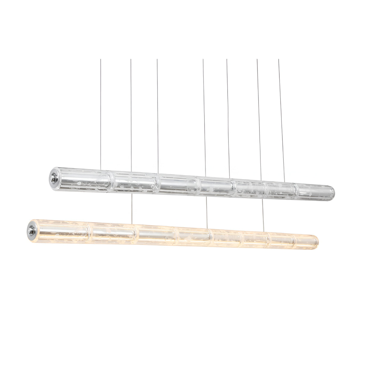 Two Liora LED Crystal Suspension Lights in chrome hang by thin wires—one illuminated, one off—both showcasing a modern, transparent cylindrical design for a sleek and refined aesthetic.