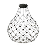 The Mesh LED Large Suspension Light - Black features a striking mesh-like geometric design with interconnected rods and spheres, creating a wide, rounded shape that makes it a standout piece of contemporary lighting.