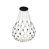 The Mesh LED Medium Suspension Light - Black features a modern teardrop shape with a black frame and multiple small round lights connected by thin black wires, offering an innovative lighting design.
