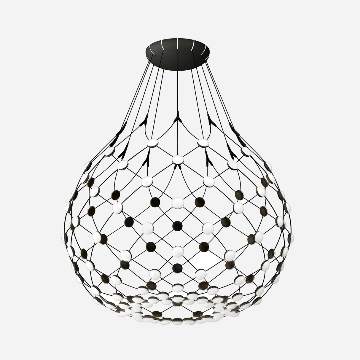 The Mesh LED Large Suspension Light - Black features a sleek, spherical design with a geometric pattern of interconnected black rods and white nodes that resembles a lattice structure. This contemporary pendant light adds an artistic ambiance as it hangs elegantly from the ceiling.