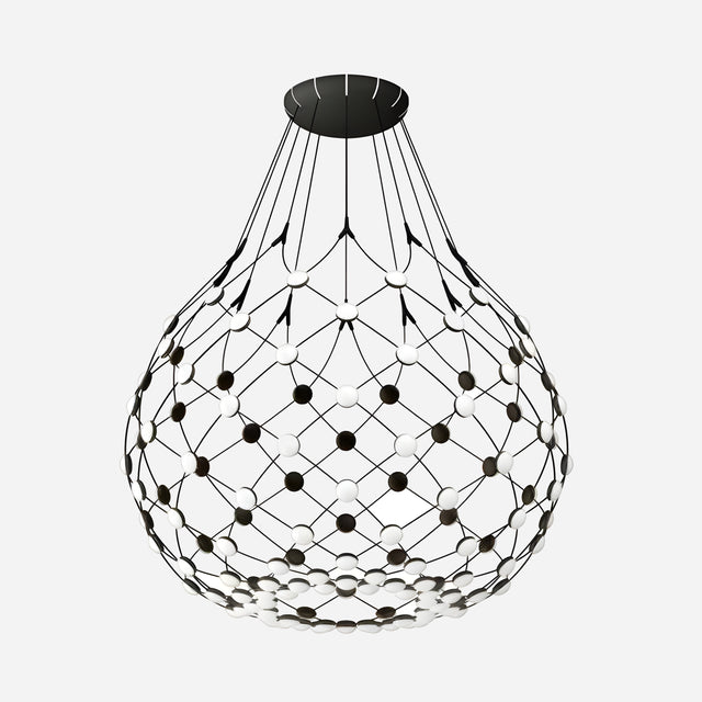 The Mesh LED Large Suspension Light - Black features a sleek, spherical design with a geometric pattern of interconnected black rods and white nodes that resembles a lattice structure. This contemporary pendant light adds an artistic ambiance as it hangs elegantly from the ceiling.