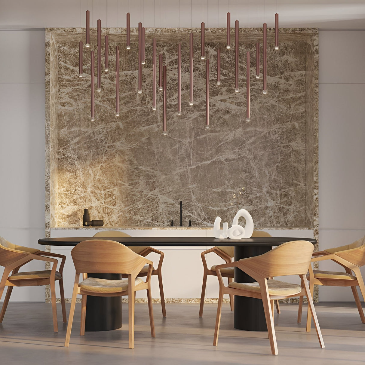 A modern dining room with a large marble wall, black and white table, six wooden chairs, sculptural decor on the table, and multiple Micro LED Pendant Light - Copper fixtures above for customizable lighting.
