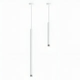 Two Micro LED Pendant Lights - White, featuring modern minimalist design with long cylindrical bodies and adjustable LED lighting, hang from the ceiling by thin cords against a plain white background.