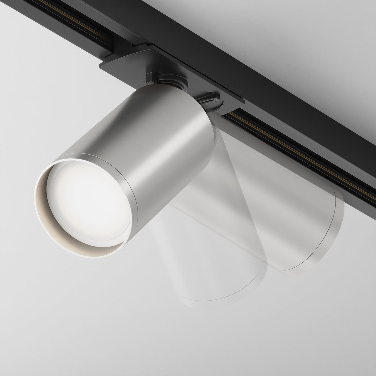 Mobility and control features of Focus S Single Phase Unity Track Spotlight in black and silver, showcasing flexible positioning
