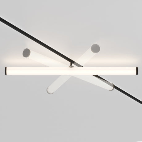 The Larc CCT LED Dimmable Rotating Linear Track Light, designed for Magnetic Exility, features a sleek, horizontal LED tube design with rotating elements that intersect two black bars at different angles for a minimalist geometric pattern against a plain white ceiling.