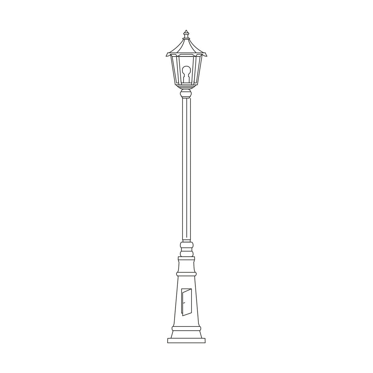 Line drawing of the Astragal cast aluminium outdoor lamp post, 191cm tall, with a single glazed lantern head atop a slender column and tapered plinth base, shown on a plain white background.