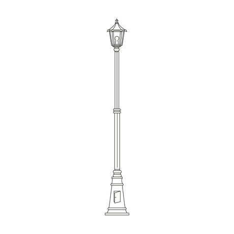 Astragal cast aluminium outdoor lamp post, 249cm tall with a glazed hexagonal lantern on a slim column and swelling cast plinth base, shown in line-drawing style on a white background.