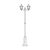 Astragal 249cm cast aluminium outdoor lamp post with 2 lantern heads, glazed glass panels, tapered column and cast plinth base, shown in black on a white background.