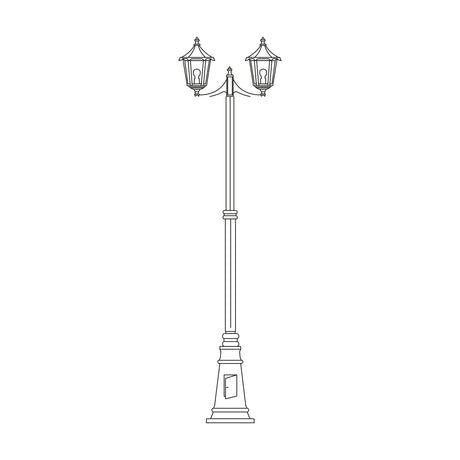 Astragal 249cm cast aluminium outdoor lamp post with 2 lantern heads, glazed glass panels, tapered column and cast plinth base, shown in black on a white background.