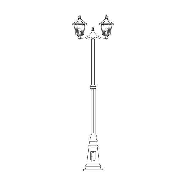 Astragal 249cm cast aluminium outdoor lamp post with 2 lantern heads, glazed glass panels, tapered column and cast plinth base, shown in black on a white background.