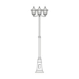 Astragal cast aluminium outdoor lamp post, 249cm tall with a tapering plinth base and 3 lantern heads with glazed glass panels, shown in black against a plain white background.