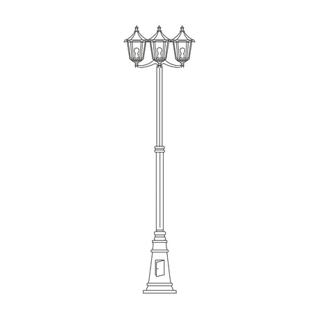 Astragal cast aluminium outdoor lamp post, 249cm tall with a tapering plinth base and 3 lantern heads with glazed glass panels, shown in black against a plain white background.