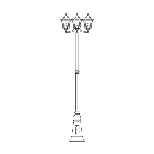 Astragal cast aluminium outdoor lamp post, 249cm tall with a tapering plinth base and 3 lantern heads with glazed glass panels, shown in black against a plain white background.