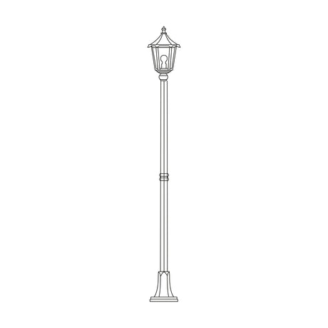 Astragal Cast Aluminium Outdoor Lamp Post, 211cm, line drawing of a tall column with flange base plate and hexagonal glazed lantern top, single E27 light, on a plain white background.