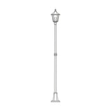 Astragal cast aluminium outdoor lamp post, 249cm tall with a flange plate base, glazed lantern top with glass panels on a slim column, shown as a line illustration on a white background.