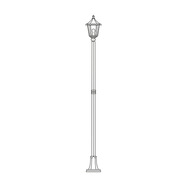 Astragal cast aluminium outdoor lamp post, 249cm tall with a flange plate base, glazed lantern top with glass panels on a slim column, shown as a line illustration on a white background.