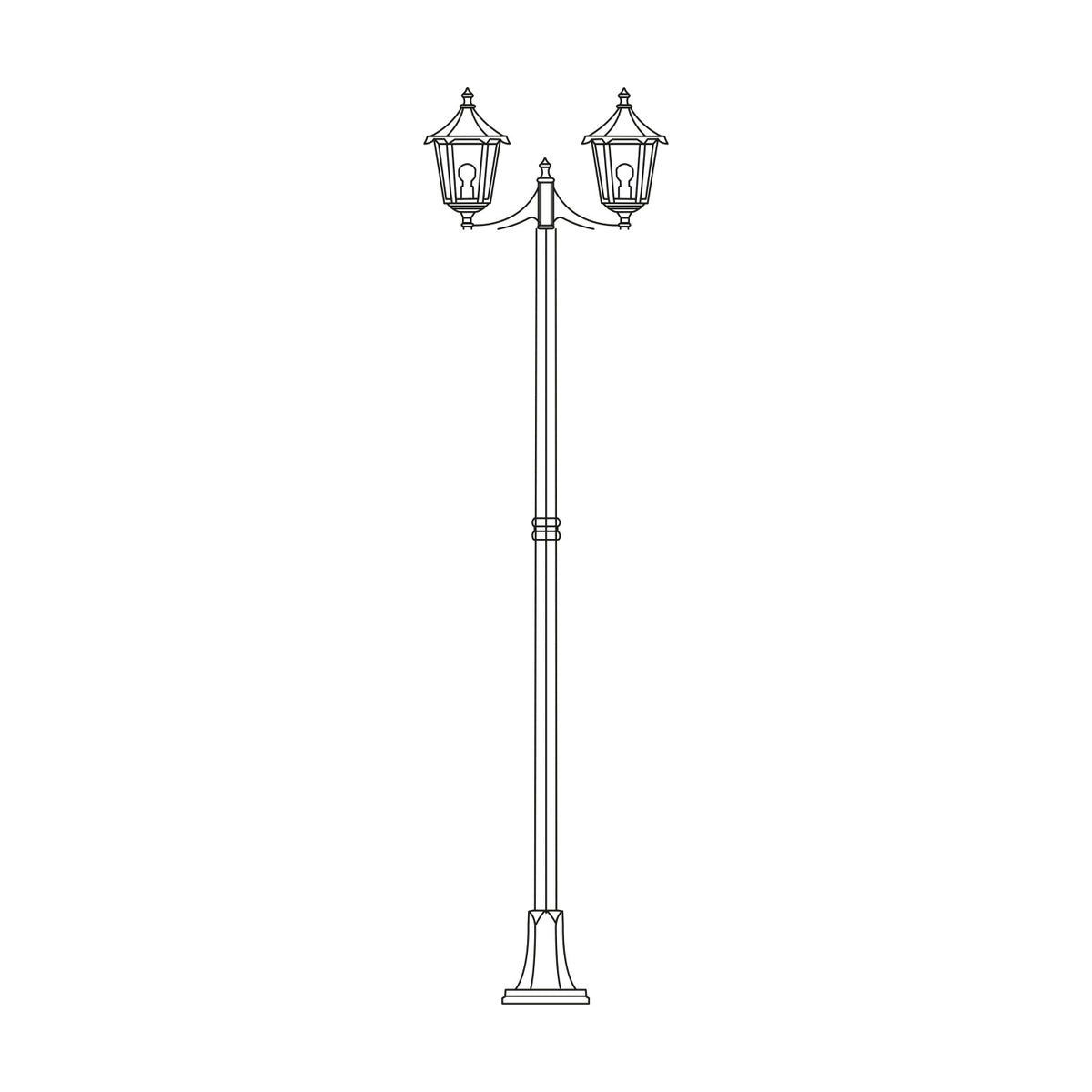 Astragal 2-light outdoor lamp post, 249cm tall cast column with twin glazed lantern heads on a flange plate base, shown in line-drawing style on a plain white background.