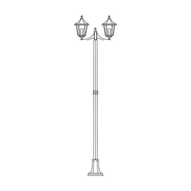 Astragal 2-light outdoor lamp post, 249cm tall cast column with twin glazed lantern heads on a flange plate base, shown in line-drawing style on a plain white background.