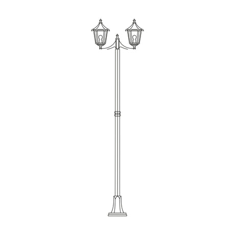 Astragal cast aluminium outdoor lamp post, 249cm, with 2 lantern heads featuring glazed glass panels on a slim column and flange plate base, shown in line drawing on a white background.