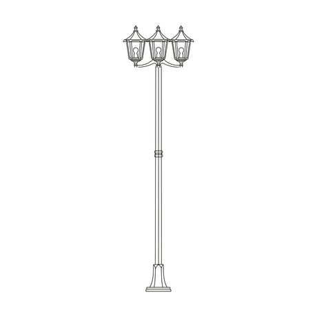 Astragal outdoor 3-light lamp post, 249cm tall cast column with three glazed lantern heads and a flange plate base, shown in line-drawing form on a white background.