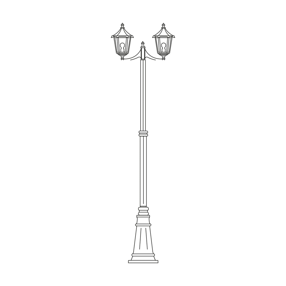 Astragal cast aluminium outdoor lamp post, 249cm tall with 2 lantern heads glazed in clear glass, slim black frame and swelling cast plinth base, shown on a plain white background.