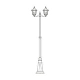 Astragal cast aluminium outdoor lamp post, 249cm tall with 2 lantern heads glazed in clear glass, slim black frame and swelling cast plinth base, shown on a plain white background.