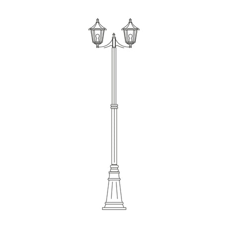 Astragal cast aluminium outdoor lamp post, 249cm tall with 2 lantern heads glazed in clear glass, slim black frame and swelling cast plinth base, shown on a plain white background.